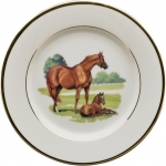 Bluegrass Bread and Butter Plate Bluegrass is at once modern and classic. On a pure white porcelain body, Wear presents exquisite images of blue-blooded Thoroughbreds in scenes as lovely as her famous portraits. The graceful renderings are encircled in hand-painted burnished gold bands. Cup handles are finished with hand-painted burnished gold, bringing a polished and quiet elegance to the table.

Please contact store for delivery timing at 859-225-7474 or at sales@lvharkness.com.
